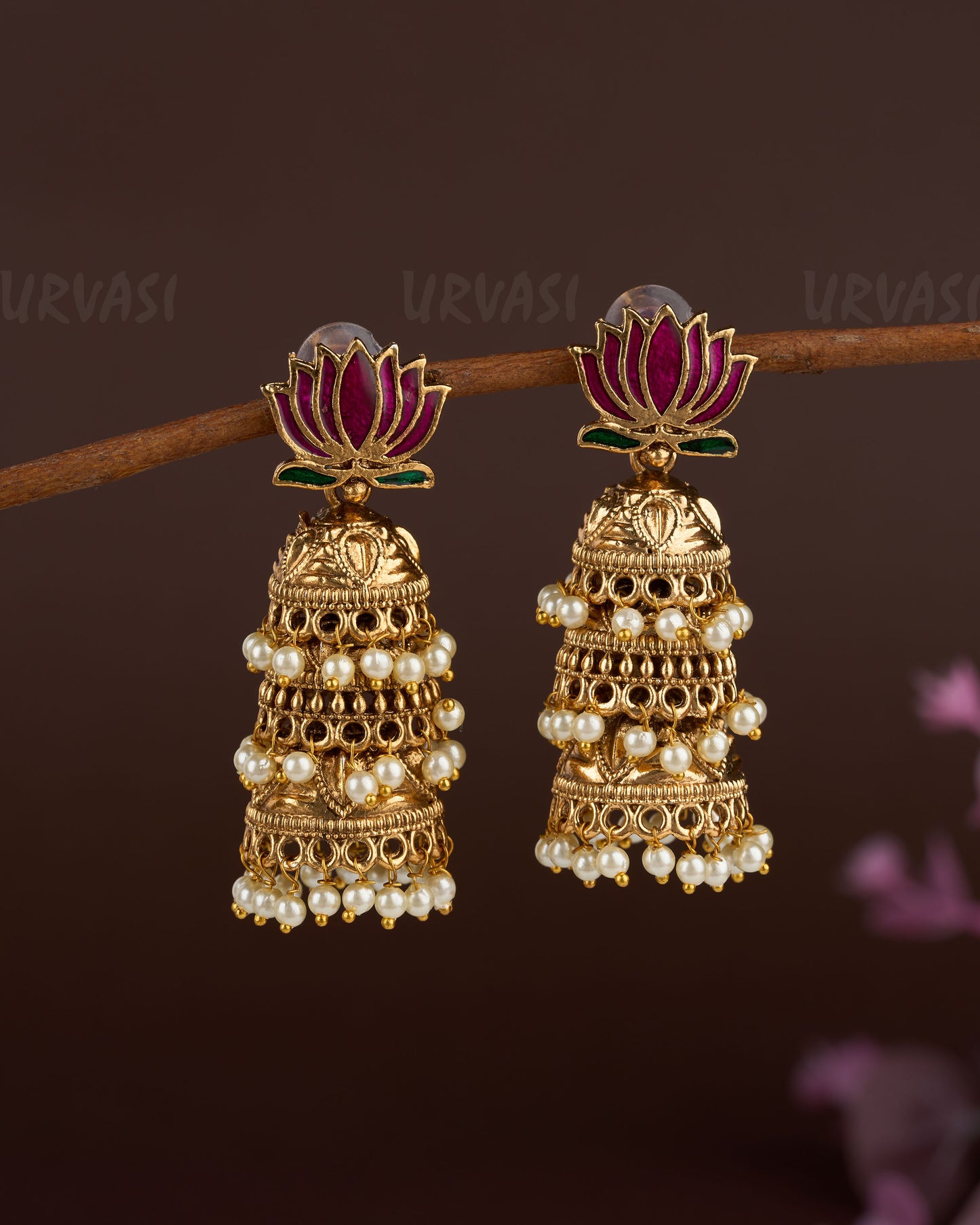 Gold-Toned Lotus Hand Made Three Layer Jhumka Earrings ER 748