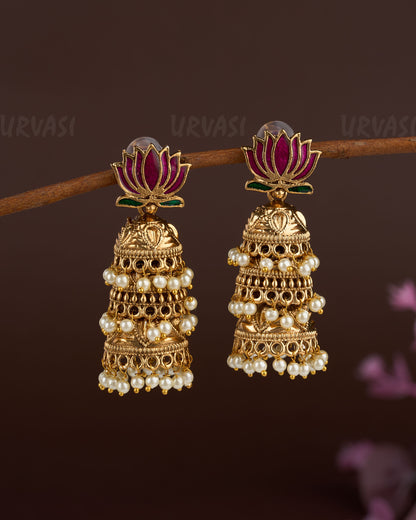 Gold-Toned Lotus Hand Made Three Layer Jhumka Earrings ER 748