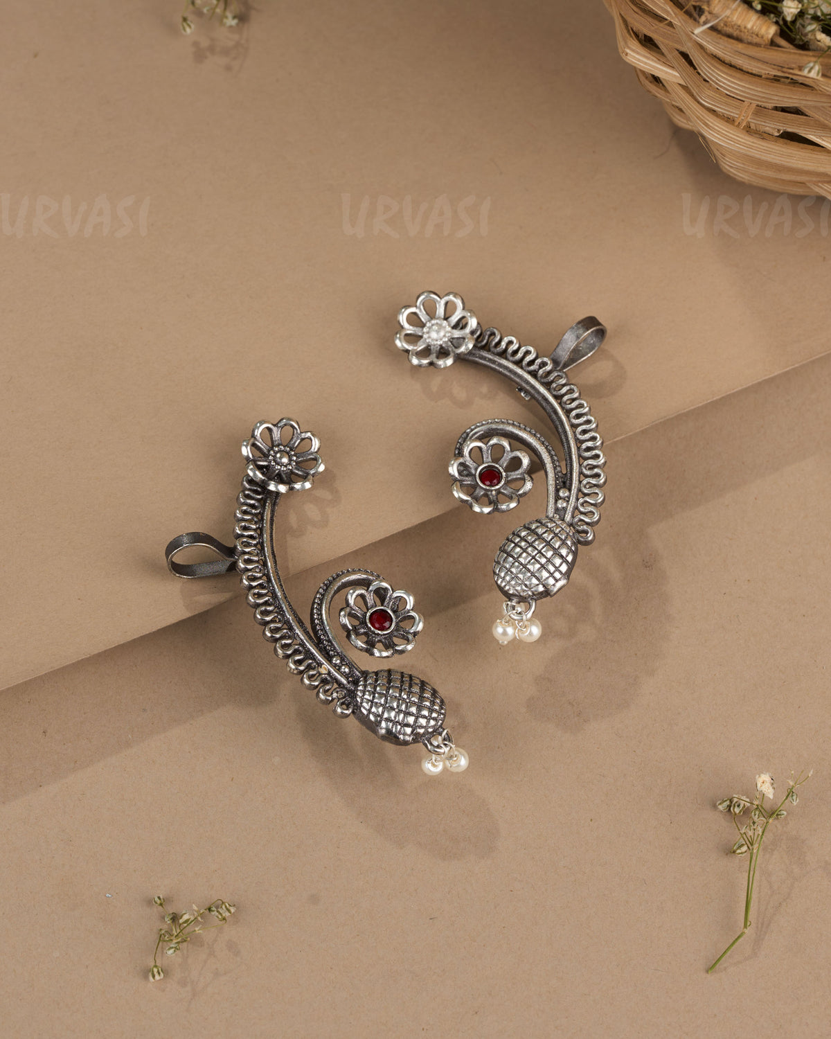 Oxidised Silver Floral Peacock Earcuff Earrings ER 1267