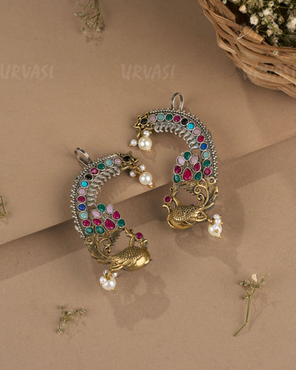 Oxidised Silver Peacock Motif Earcuff Earrings ER 1266