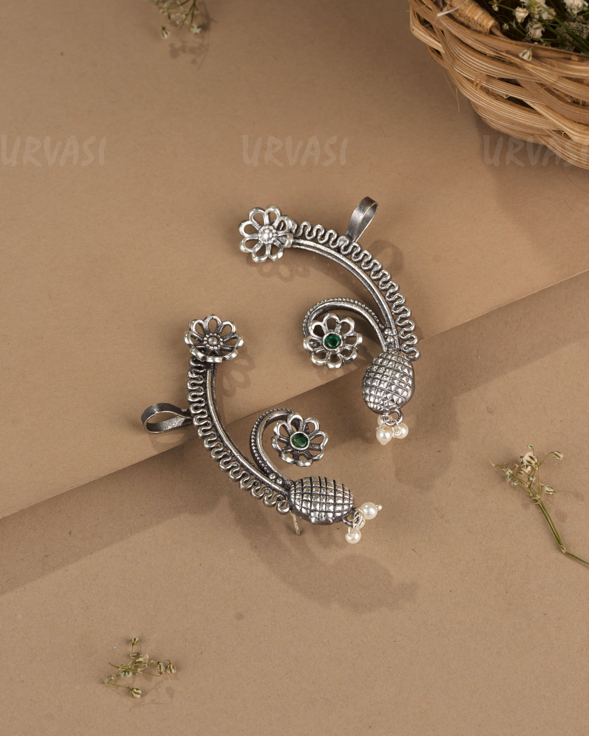 Oxidised Silver Floral Peacock Earcuff Earrings ER 1267