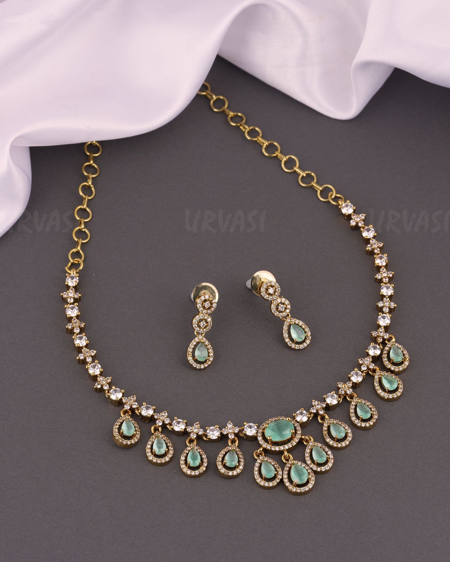 Mehendi Polish Stone-Studded Dew-Drop AD Necklace 144