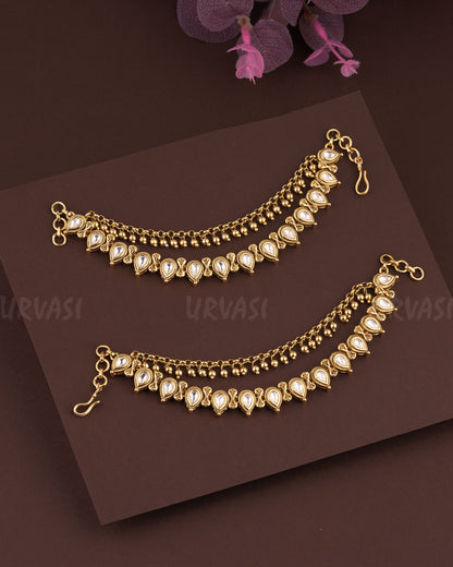 Gold-Toned Drop Designed Pearl Two-Layer Ear Chain EC 76