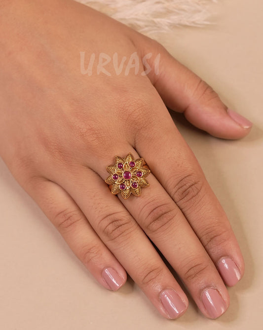 Gold-Toned Floral Stone-Studded Finger Ring  FR 66