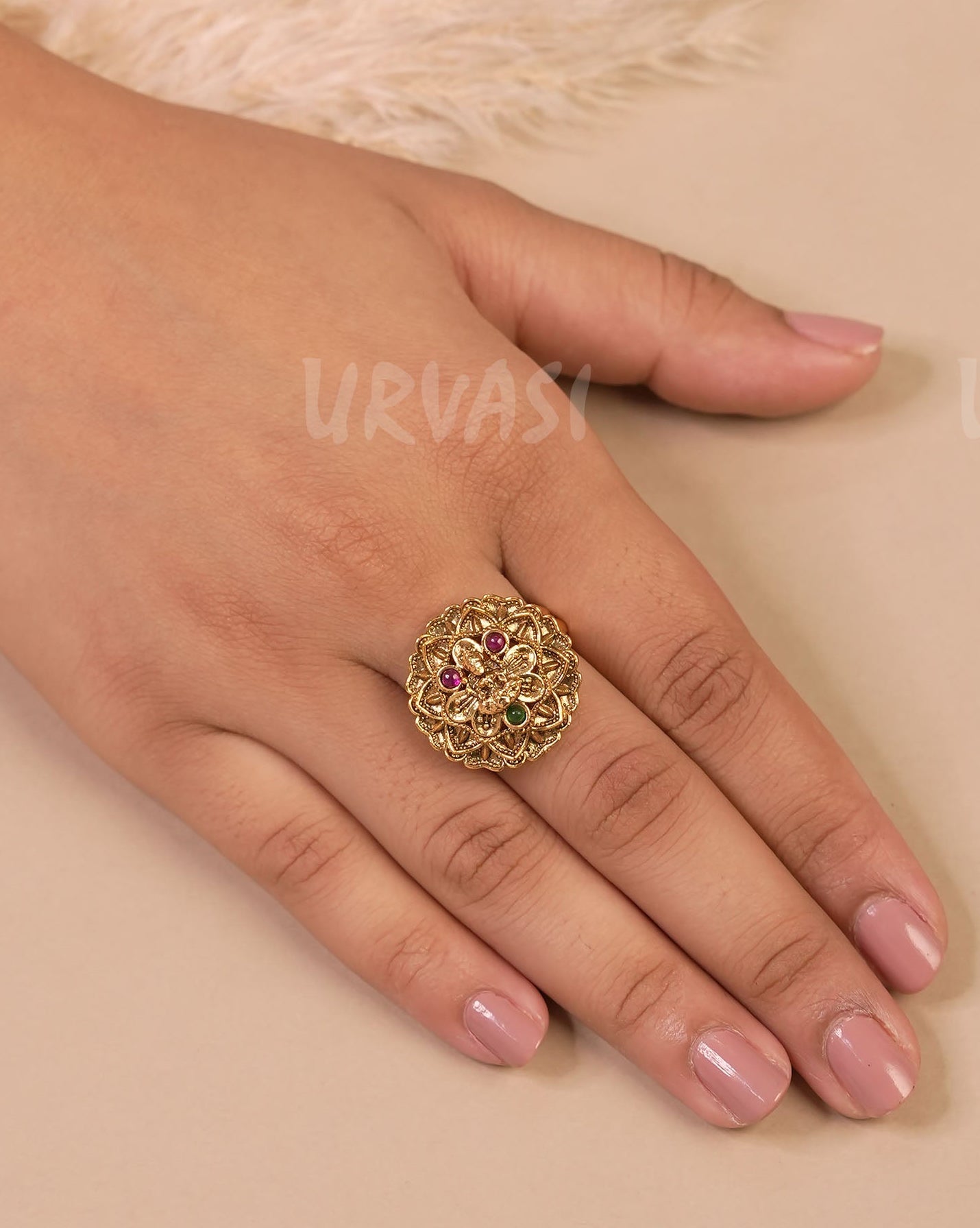 Gold-Toned Floral Lakshmi Finger Ring FR 63