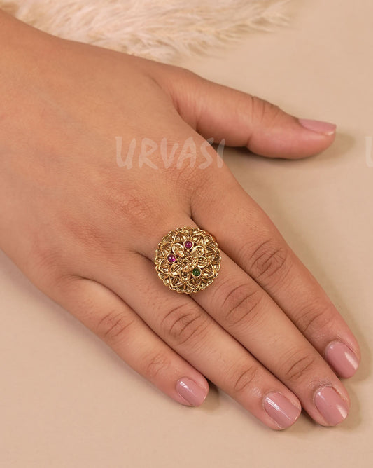 Gold-Toned Floral Lakshmi Finger Ring FR 63