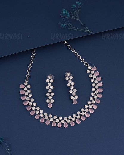 Rhodium Polish Tear-Drop Designed AD Necklace 1495
