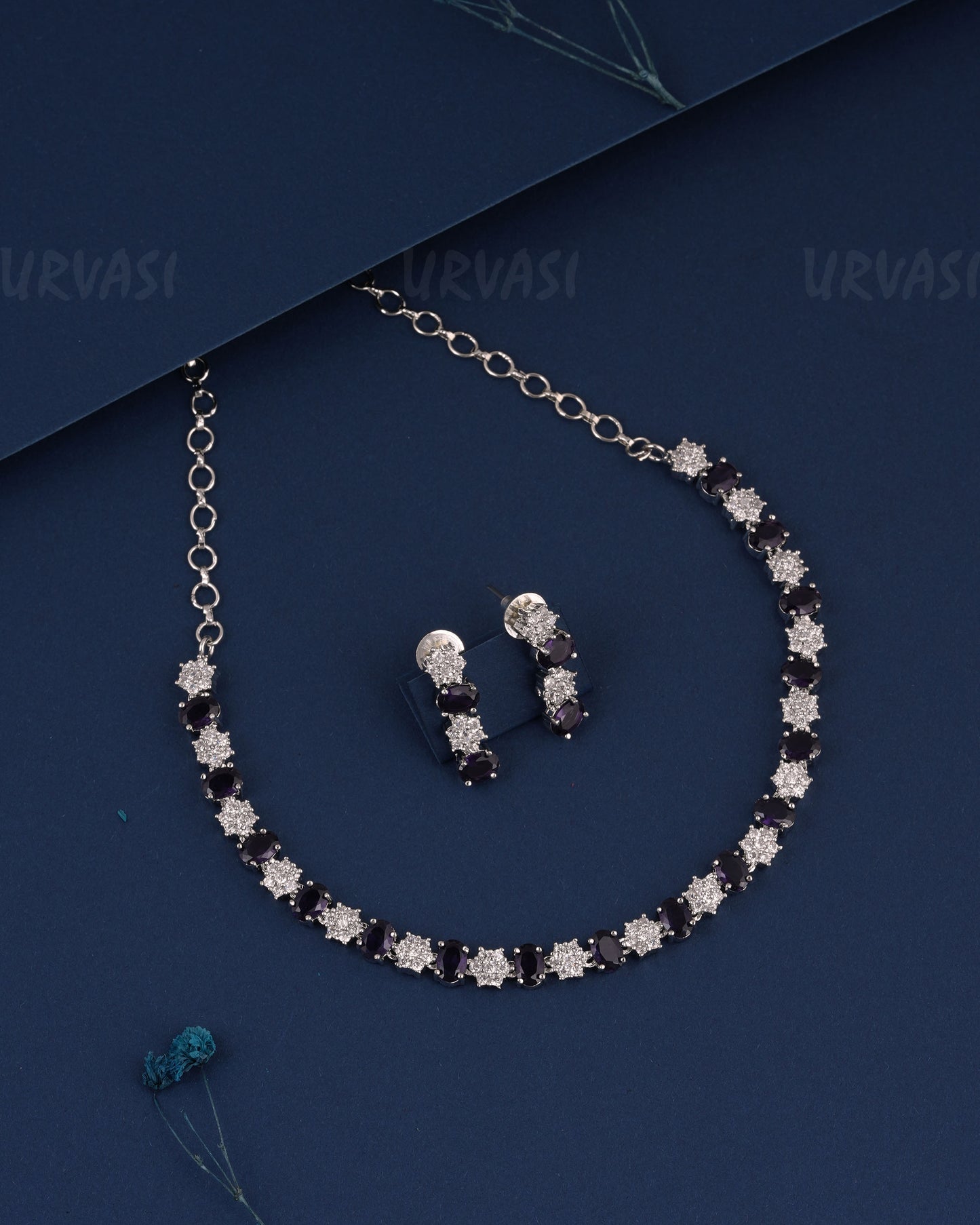 Rhodium Polish Floral Stone-Studded AD Necklace 1487