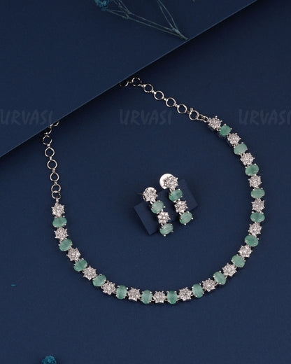 Rhodium Polish Floral Stone-Studded AD Necklace 1487