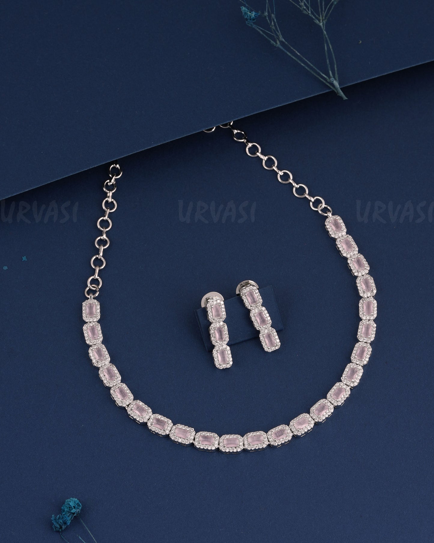 Rhodium Polish Stone-Studded Box-Designed AD Necklace 986