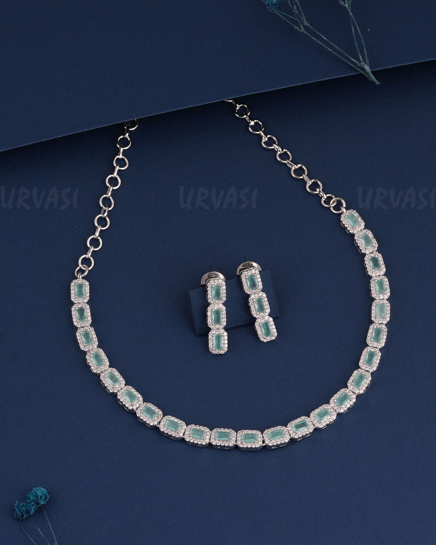 Rhodium Polish Stone-Studded Box-Designed AD Necklace 986