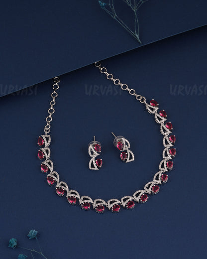 Rhodium Polish Tear-Drop Designed AD Necklace  1496