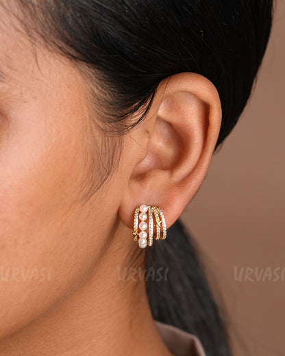 Rhodium Polish Star-Designed AD Hoop Stud Earrings ER 613