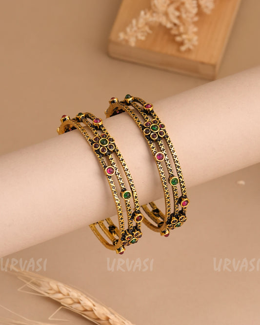 Vintage Oxidised Silver Floral Bangles BA 380