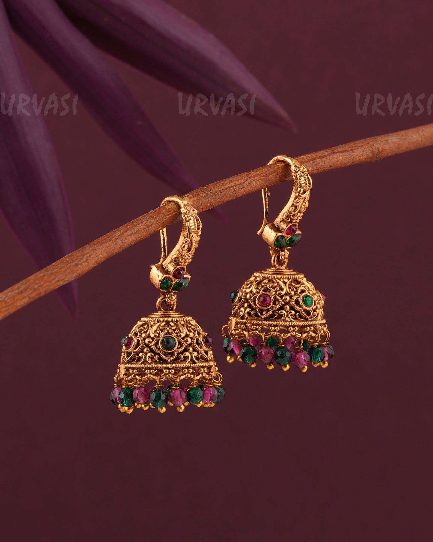 Gold-Toned Floral Leaf-Motif Hanging Jhumka Earrings ER 966