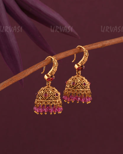 Gold-Toned Floral Leaf-Motif Hanging Jhumka Earrings ER 966