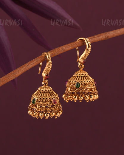 Gold-Polish Tear-Drop Floral Hanging Jhumka Earrings ER 963