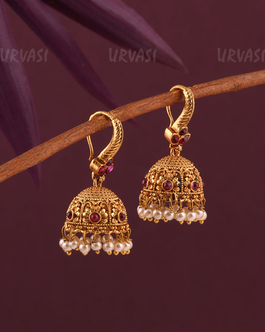 Gold-Toned Leaf-Motif Floral Hanging Jhumka  Earrings ER 959