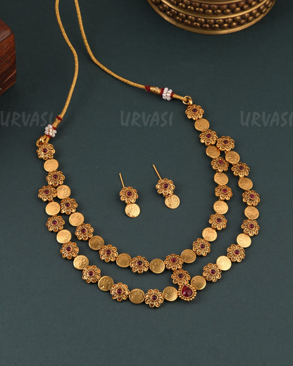 Gold-Toned Two-Layer Floral Kaasu Necklace 1641