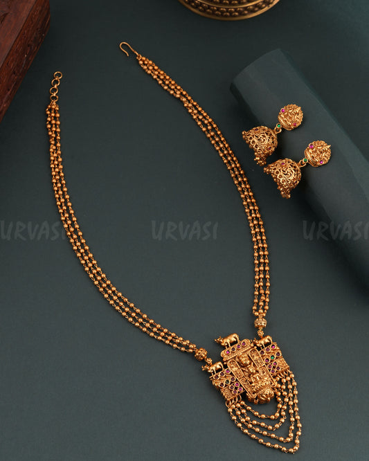 Gold-Toned Floral Lakshmi Jhumka Hanging Long Necklace 1676