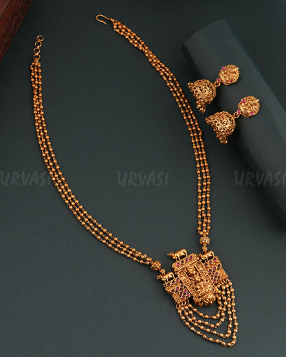 Gold-Toned Floral Lakshmi Jhumka Hanging Long Necklace 1676