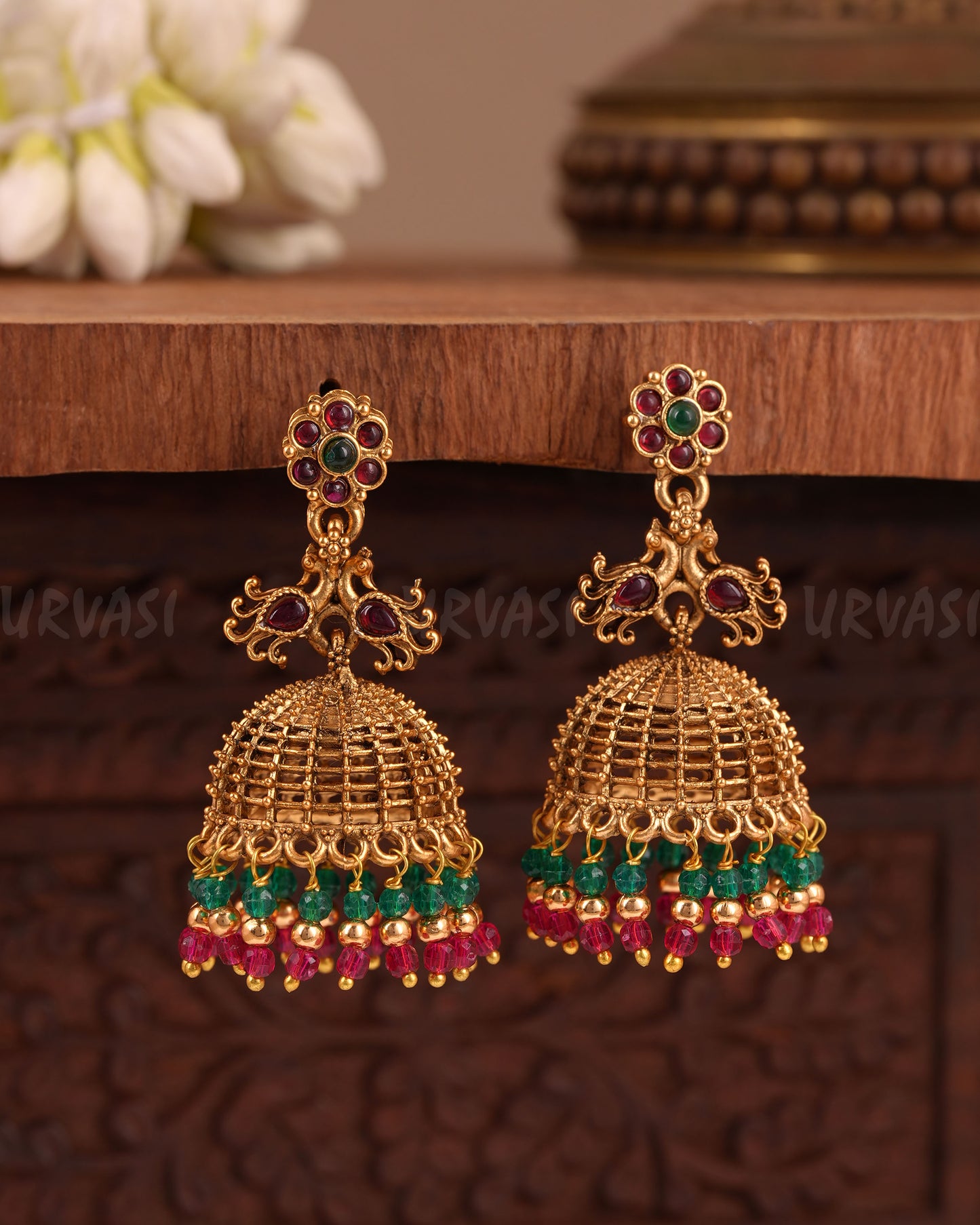 Gold-Floral Traditional Peacock Jhumka Earrings ER 1024