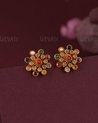 Gold-Floral  Navratna Designed  Stud Earring ER 1103