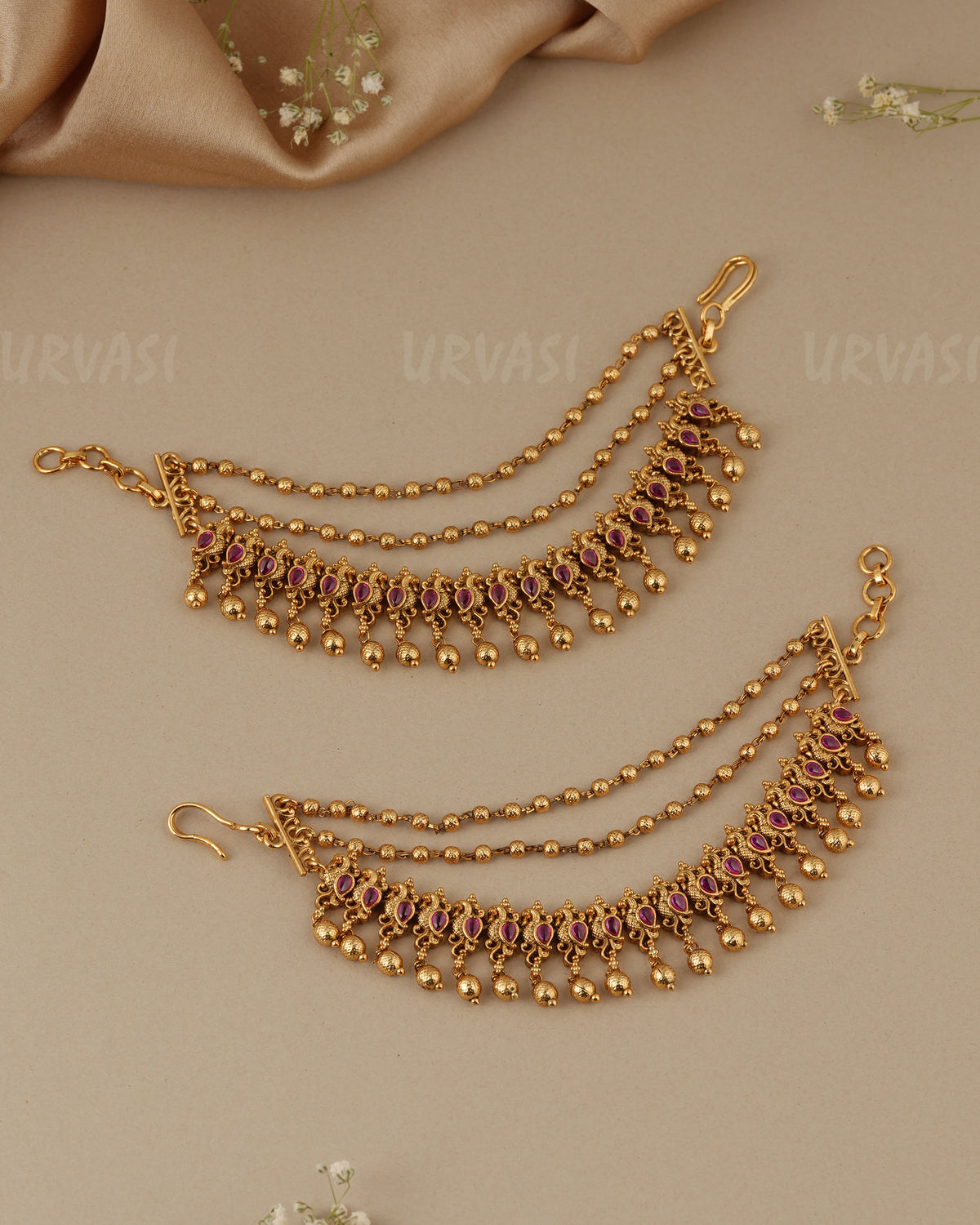Gold-Toned Three-Layer Peacock Beaded Ear Chain EC 99