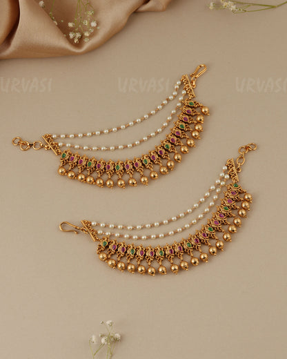 Gold-Toned Three-Layer Peacock Beaded Ear Chain EC 99