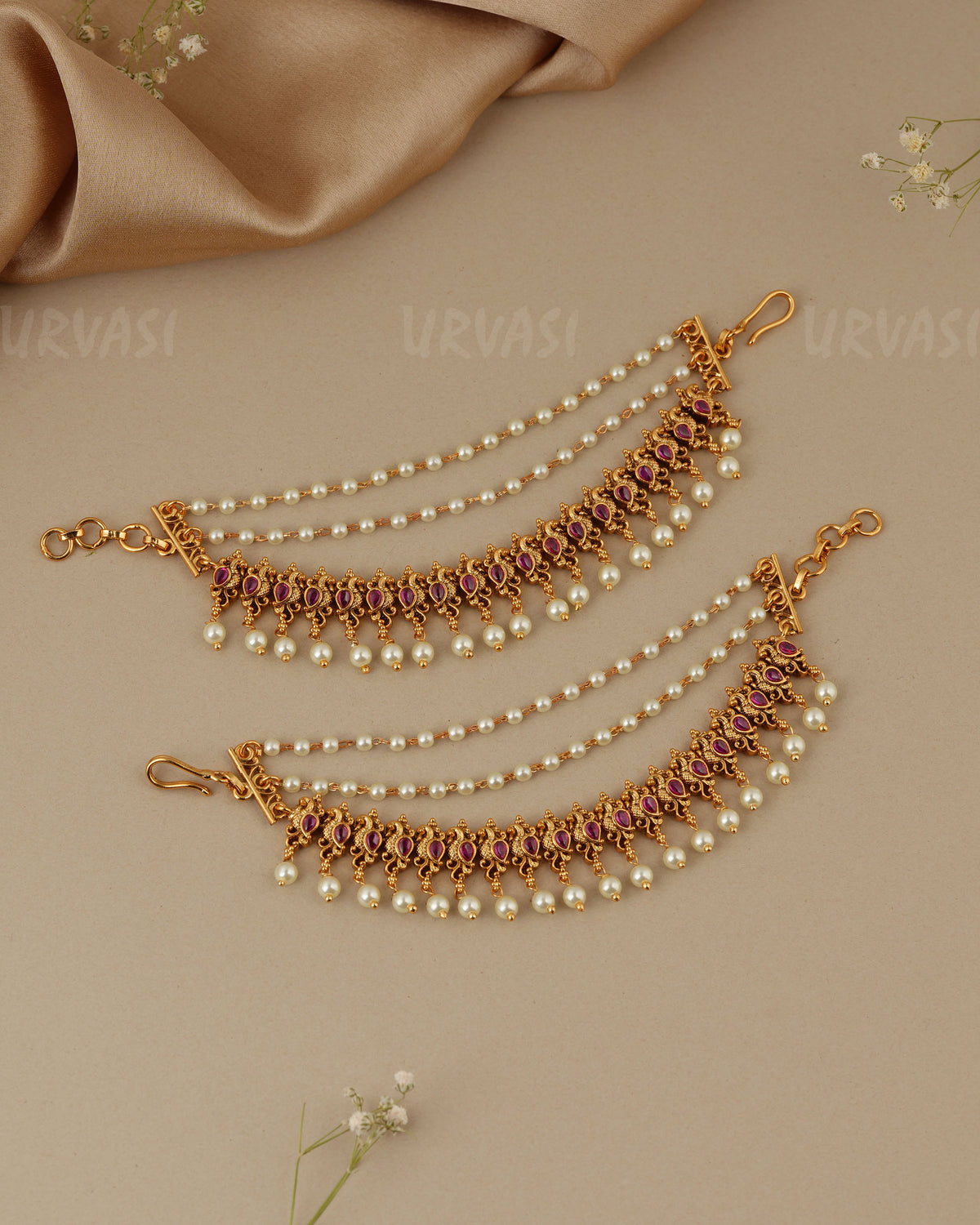 Gold-Toned Three-Layer Peacock Beaded Ear Chain EC 99