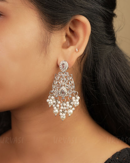 Rhodium Polish Reverse AD and Pearl Dangle Earrings ER 251