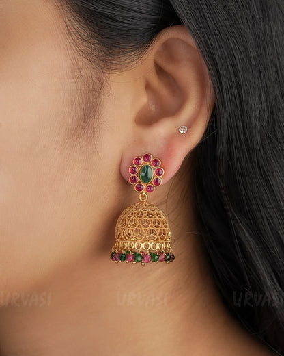 Gold-Toned Floral Ruby Green  Jhumka Earrings ER 335