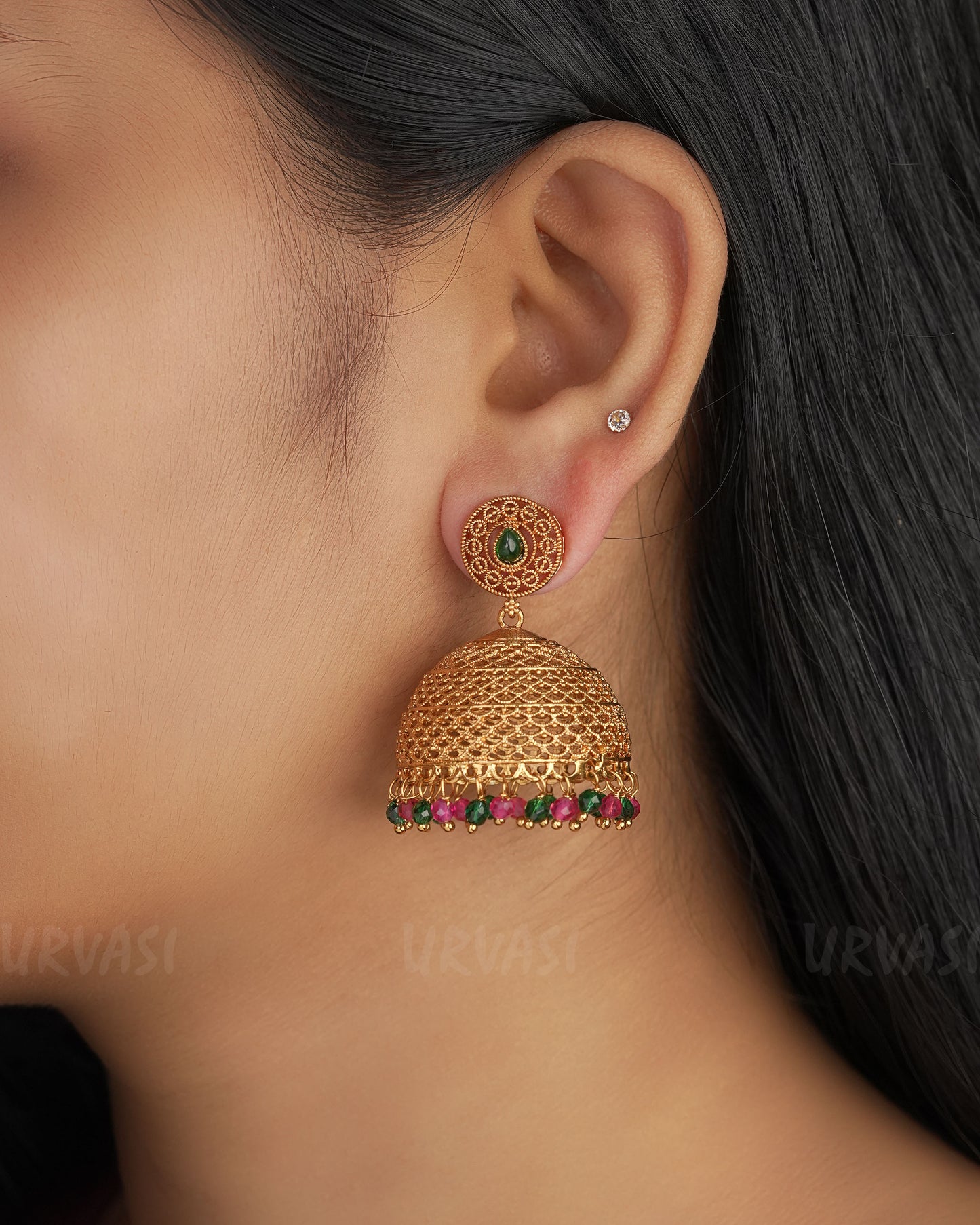 Gold-Toned Floral Ruby Green Earrings ER 332