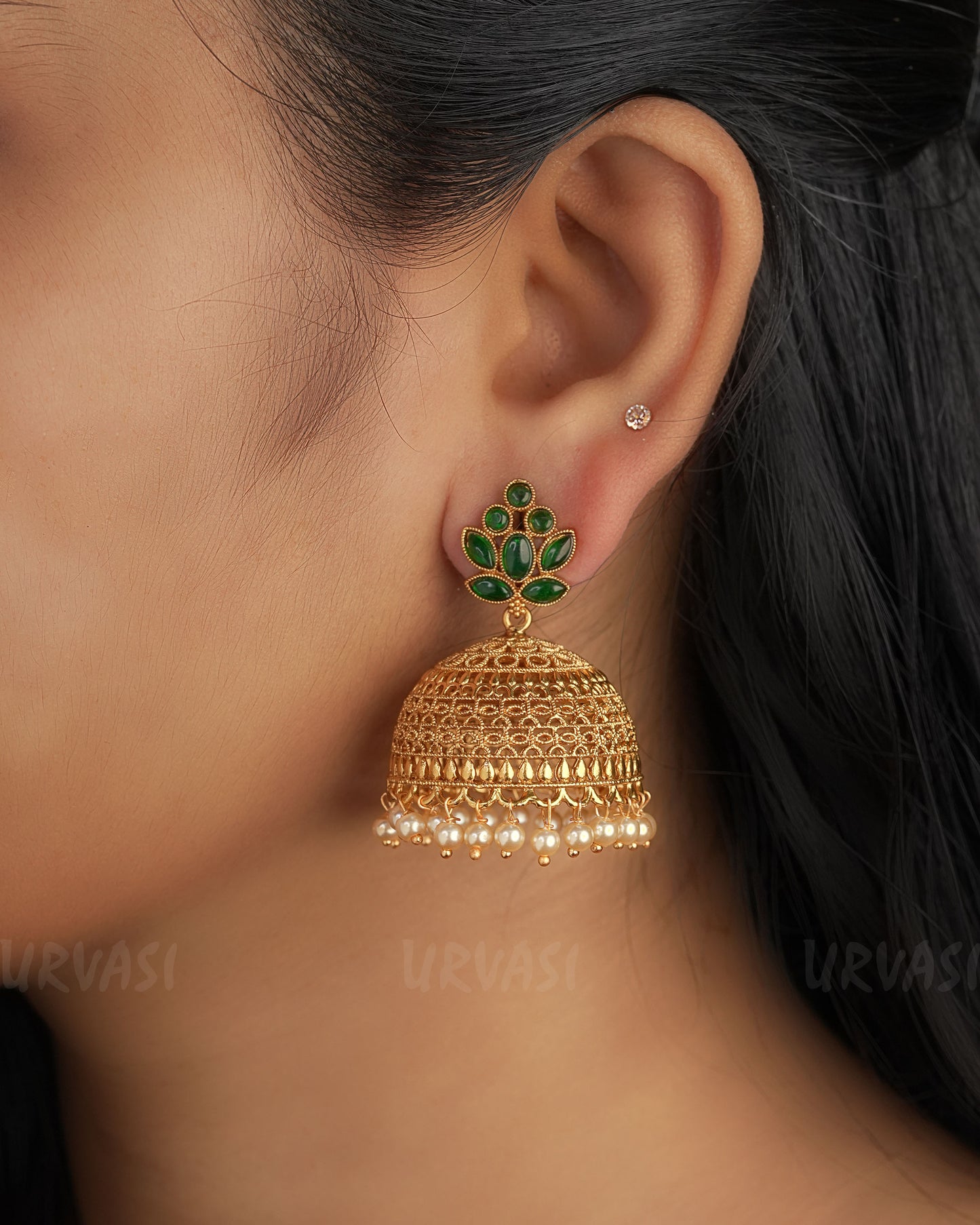 Gold-Toned Floral Green Pearl Jhumka Earrings ER 319