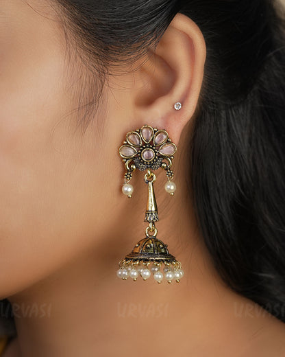 Floral Top Oxidised Gold Jhumka Earrings ER 452