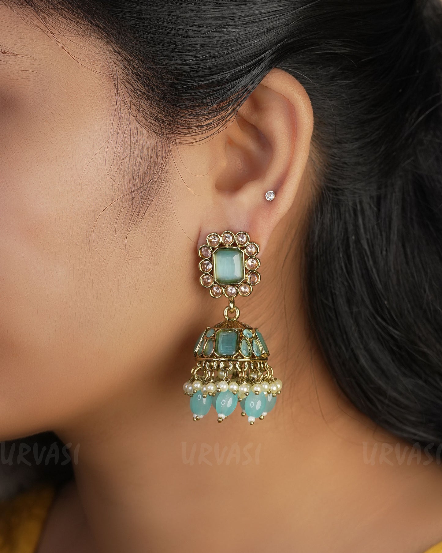 Mehendi Toned Kundan Jhumka Earrings ER 747