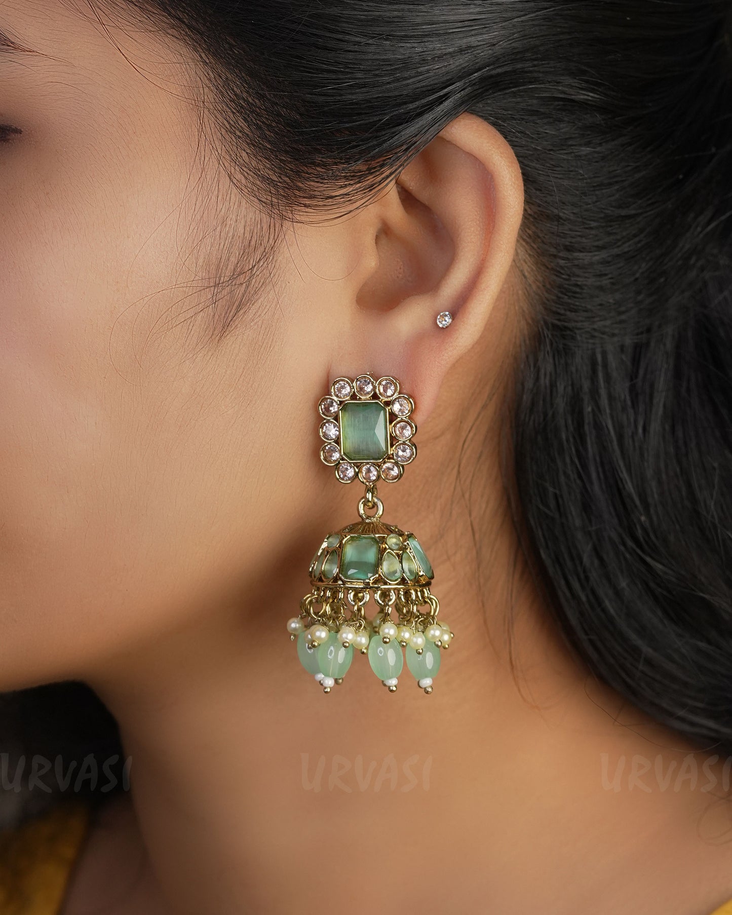 Mehendi Toned Kundan Jhumka Earrings ER 747