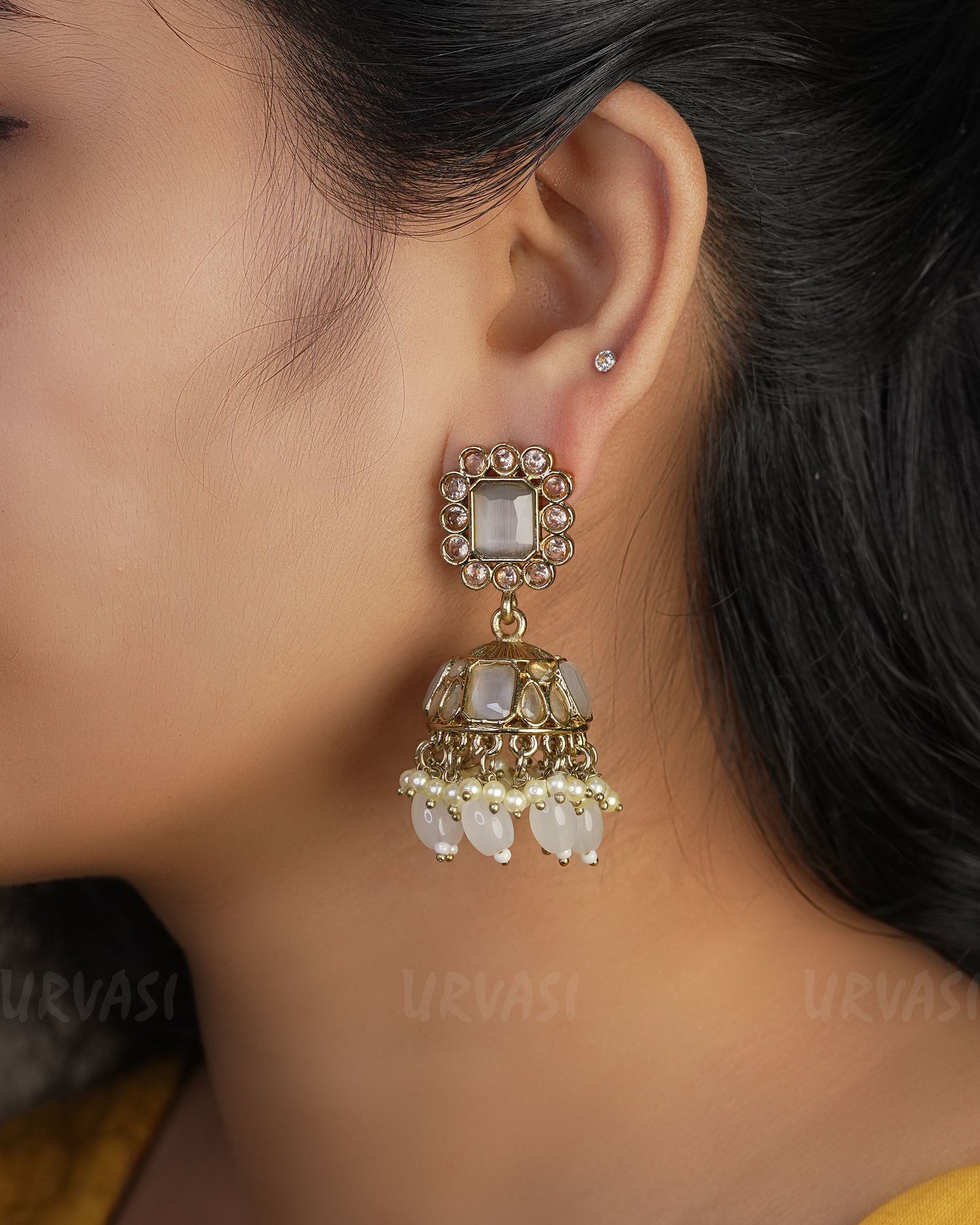 Mehendi Toned Kundan Jhumka Earrings ER 747