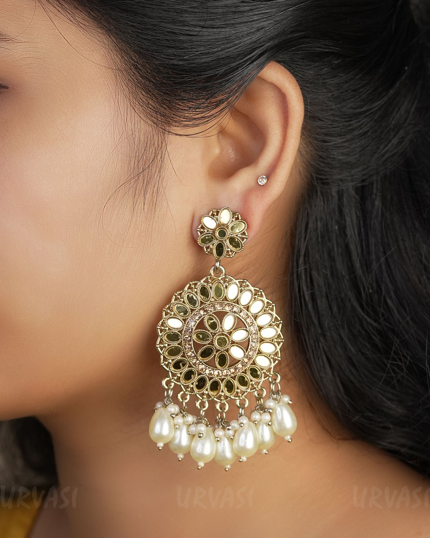 Oxidised Gold Toned Pearl Ghungroo Earrings ER 467