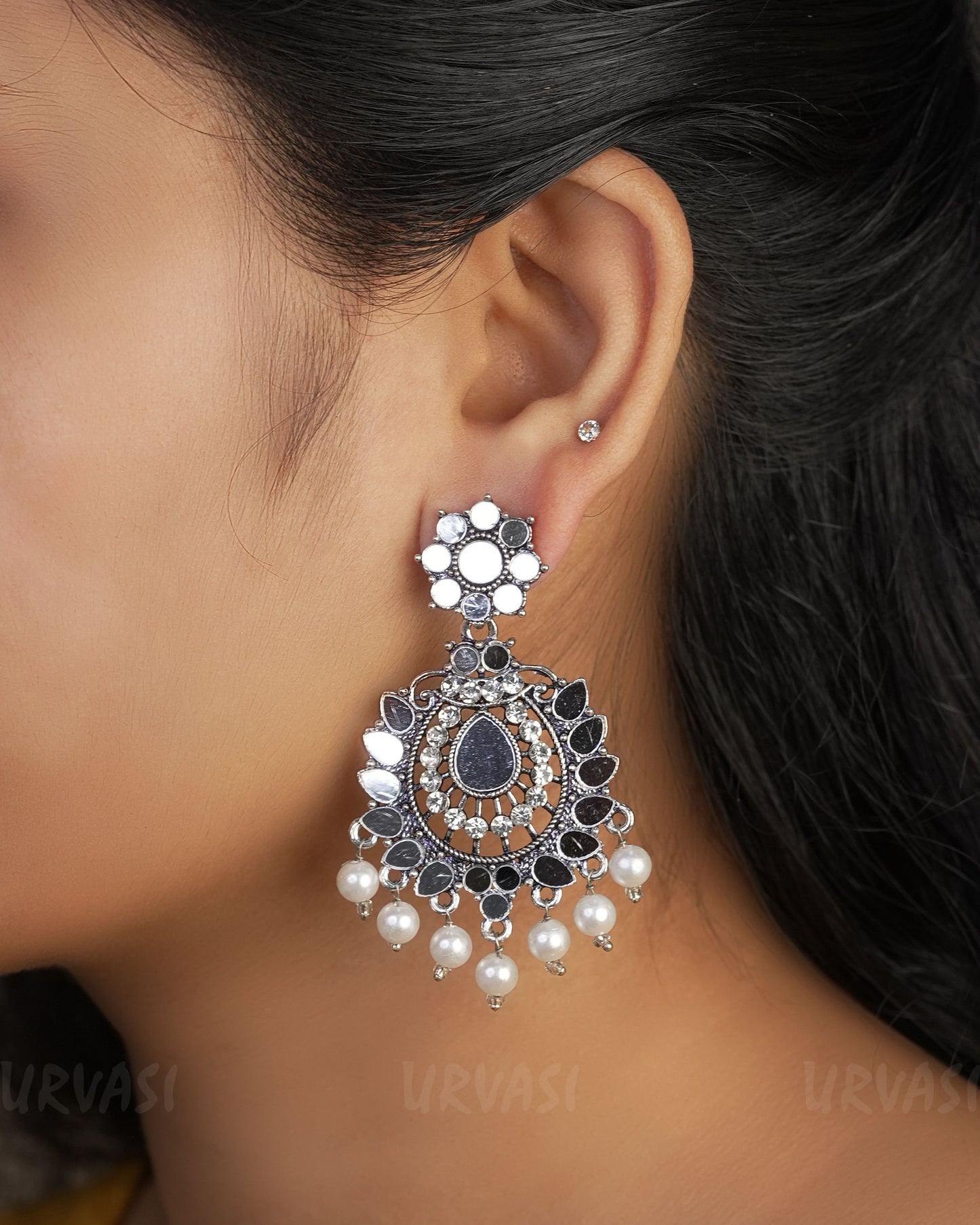 Rhodium-Toned Floral Mirror Pearl Hanging Earrings ER 461