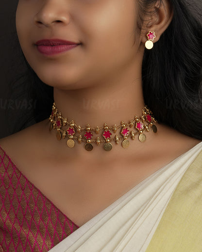 Gold-Toned Floral Lakshmi Kaasu Choker Necklace 1154