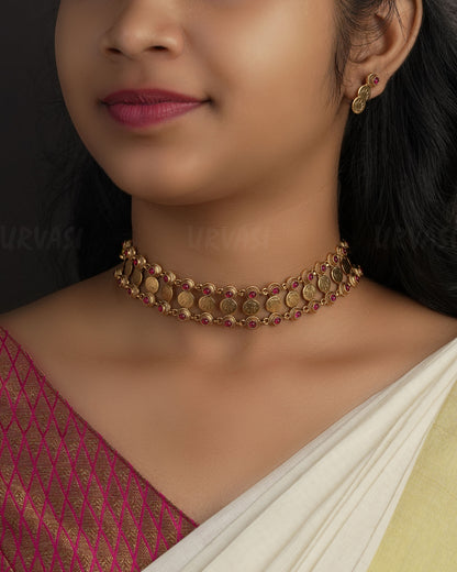 Gold-Toned Coin Designed Choker Necklace 1155