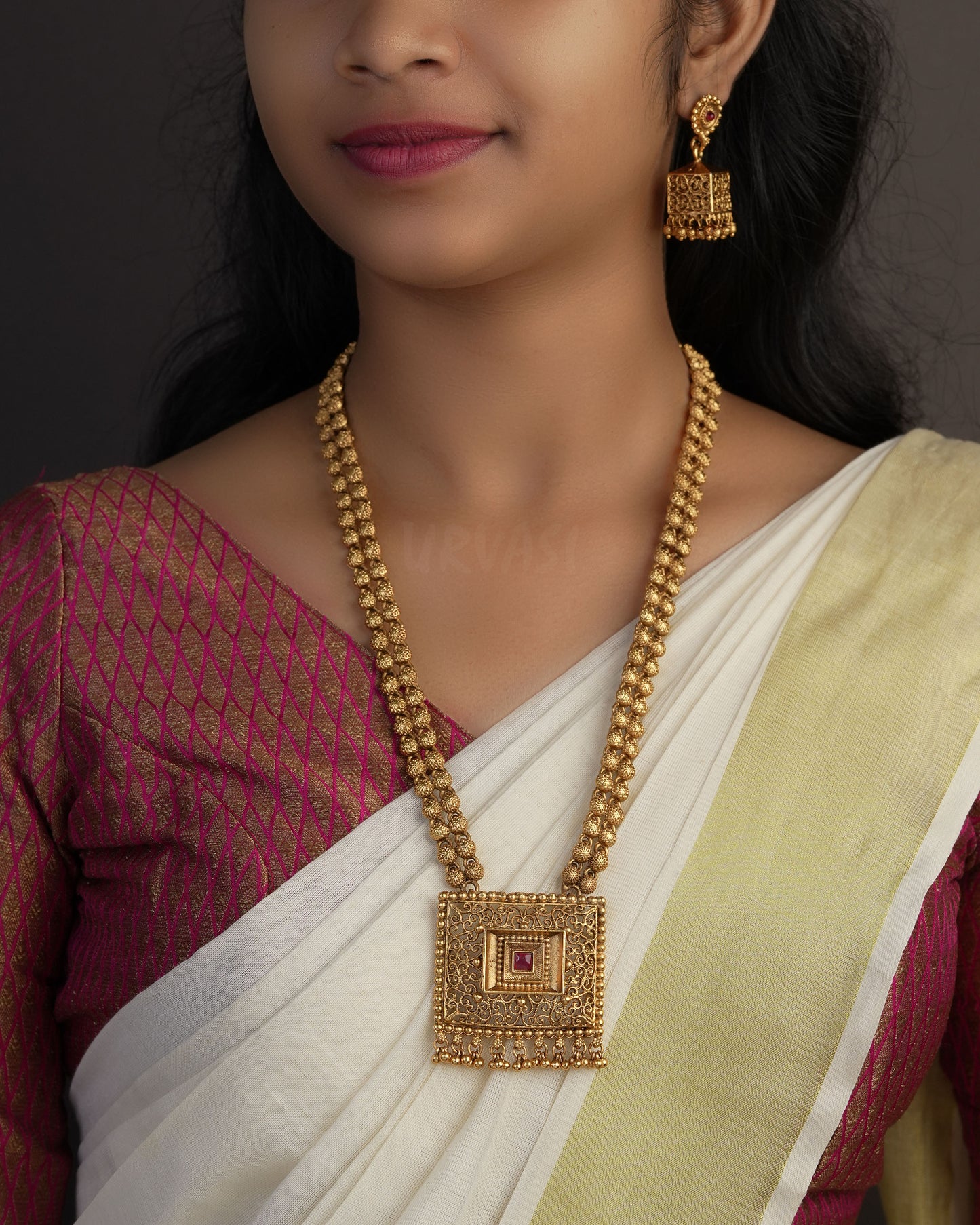 Mughal Square Pendant Long Haram Necklace 043