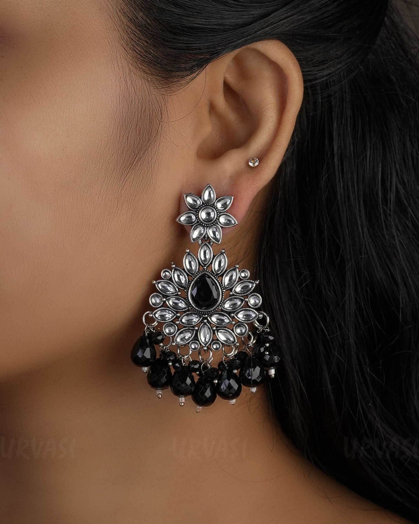 Floral Kundan Replica Oxidised Silver Bead Hanging Earrings ER 495