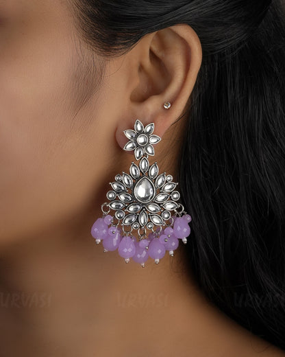 Floral Kundan Replica Oxidised Silver Bead Hanging Earrings ER 495