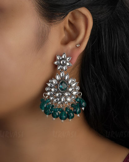 Floral Kundan Replica Oxidised Silver Bead Hanging Earrings ER 495