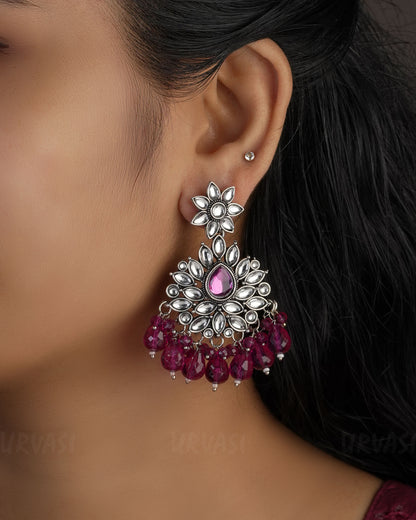 Floral Kundan Replica Oxidised Silver Bead Hanging Earrings ER 495