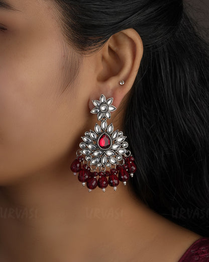 Floral Kundan Replica Oxidised Silver Bead Hanging Earrings ER 495