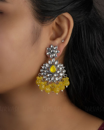 Floral Kundan Replica Oxidised Silver Bead Hanging Earrings ER 495