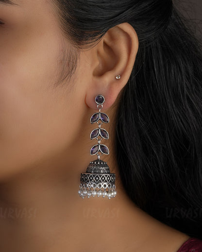 Leaf Motif Oxidised Silver Jhumka Earrings ER 496